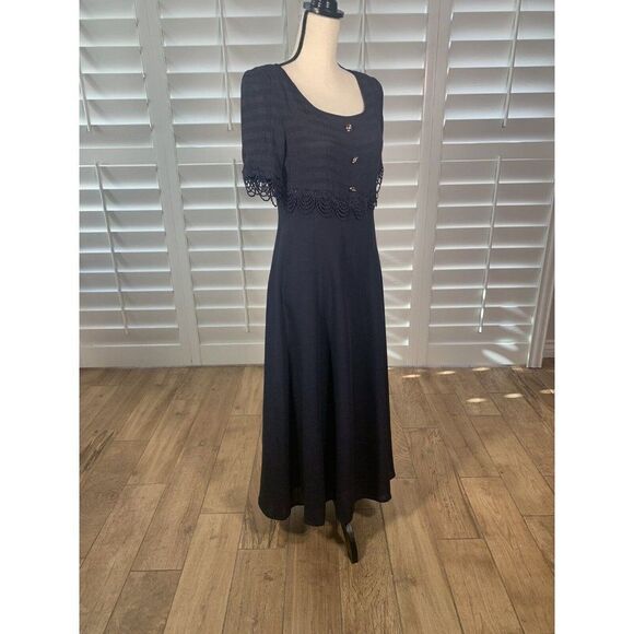 Vtg 80s Deadstock Lion Dark Blue Cocktail Dress 9 Ballet Length Rayon Empire - Picture 6 of 12
